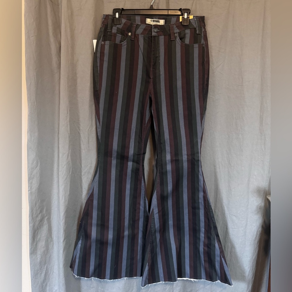 Rock & Roll Denim Striped High Rise Bell Bottom Jeans Raw Hem